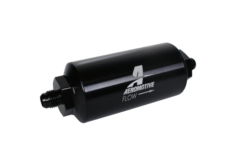فلتر خطي AeroMotive - (AN-6 ذكر) عنصر شبكي من الفولاذ المقاوم للصدأ مقاس 40 ميكرون بلمسة نهائية سوداء لامعة