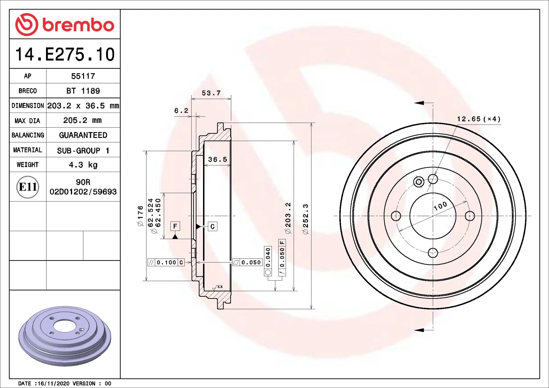 Brembo OE 13-22 Hyundai Accent/18-20 Kia Rio Friction Brake Drum