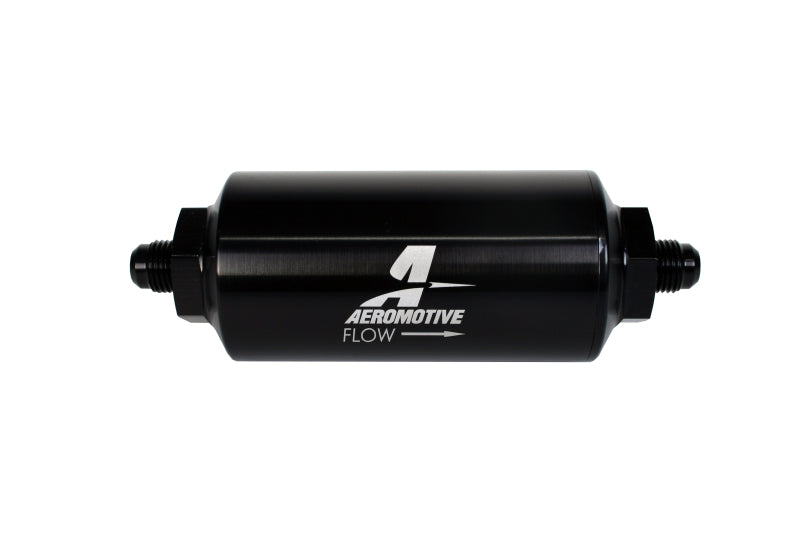 فلتر خطي AeroMotive - (AN-6 ذكر) عنصر شبكي من الفولاذ المقاوم للصدأ مقاس 40 ميكرون بلمسة نهائية سوداء لامعة