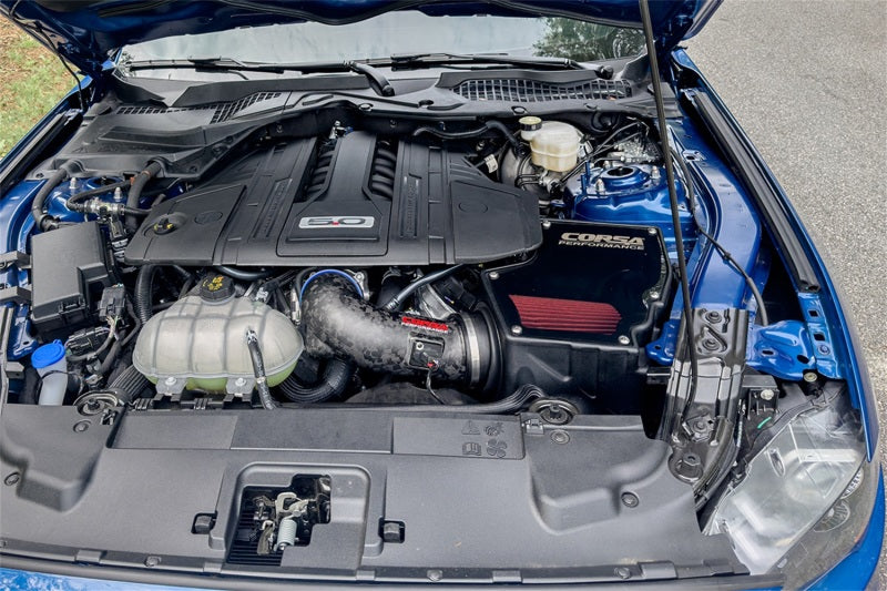 مدخل هواء من ألياف الكربون المزورة لسيارة فورد موستانج GT 5.0 لتر V8 موديل 18-23 كورسا مع تقنية DryTech 3D بدون زيت