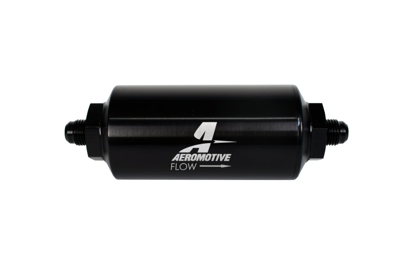 فلتر خطي AeroMotive - (AN-6 ذكر) عنصر شبكي من الفولاذ المقاوم للصدأ مقاس 40 ميكرون بلمسة نهائية سوداء لامعة